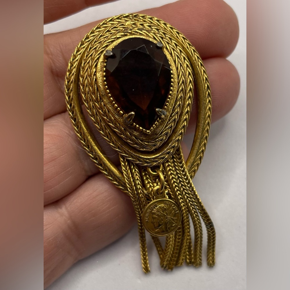 Vintage Signed Florenza Gold Tone Etruscan Revival Brooch Pin Topaz Crystal - Picture 11 of 11